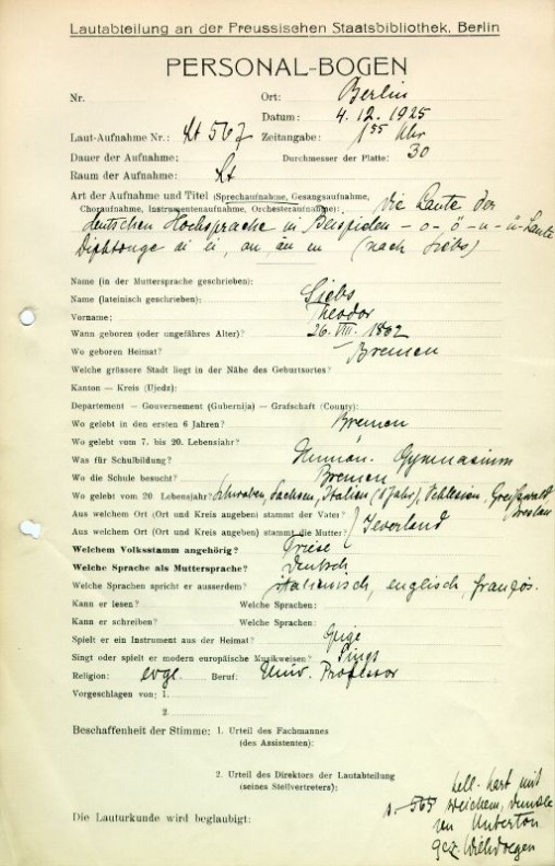 Personalbogen von Theodor Siebs