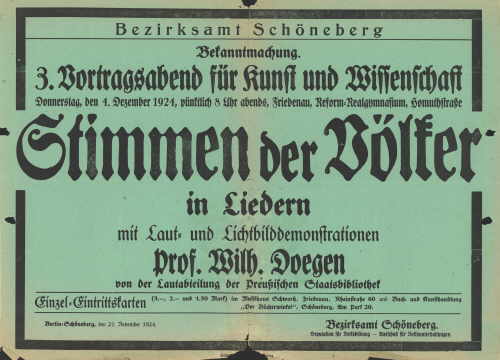 "Stimmen der Völker", Werbeplakat für einen öffentlichen Vortrag, 1924